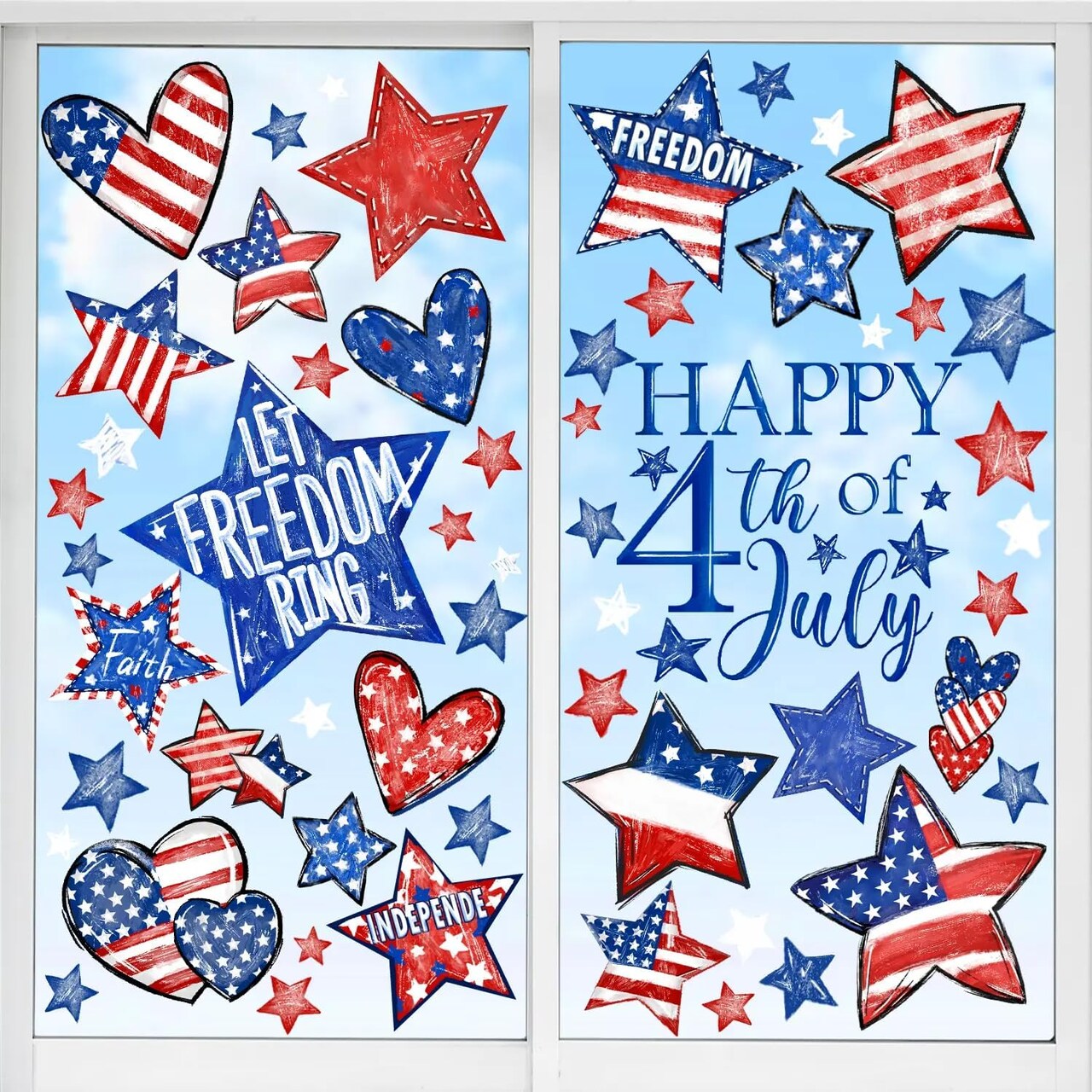 4th of July Window Clings (6 Sheets) - Double-Sided Patriotic Star Decals for Glass Windows - Red White and Blue Independence Day Stickers for Home, Office & Storefront Decoration